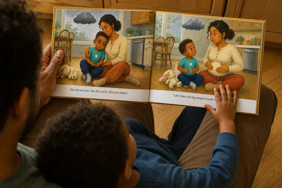 A parent and child leaning together over a personalized PlotJoys storybook, reading a spread side by side