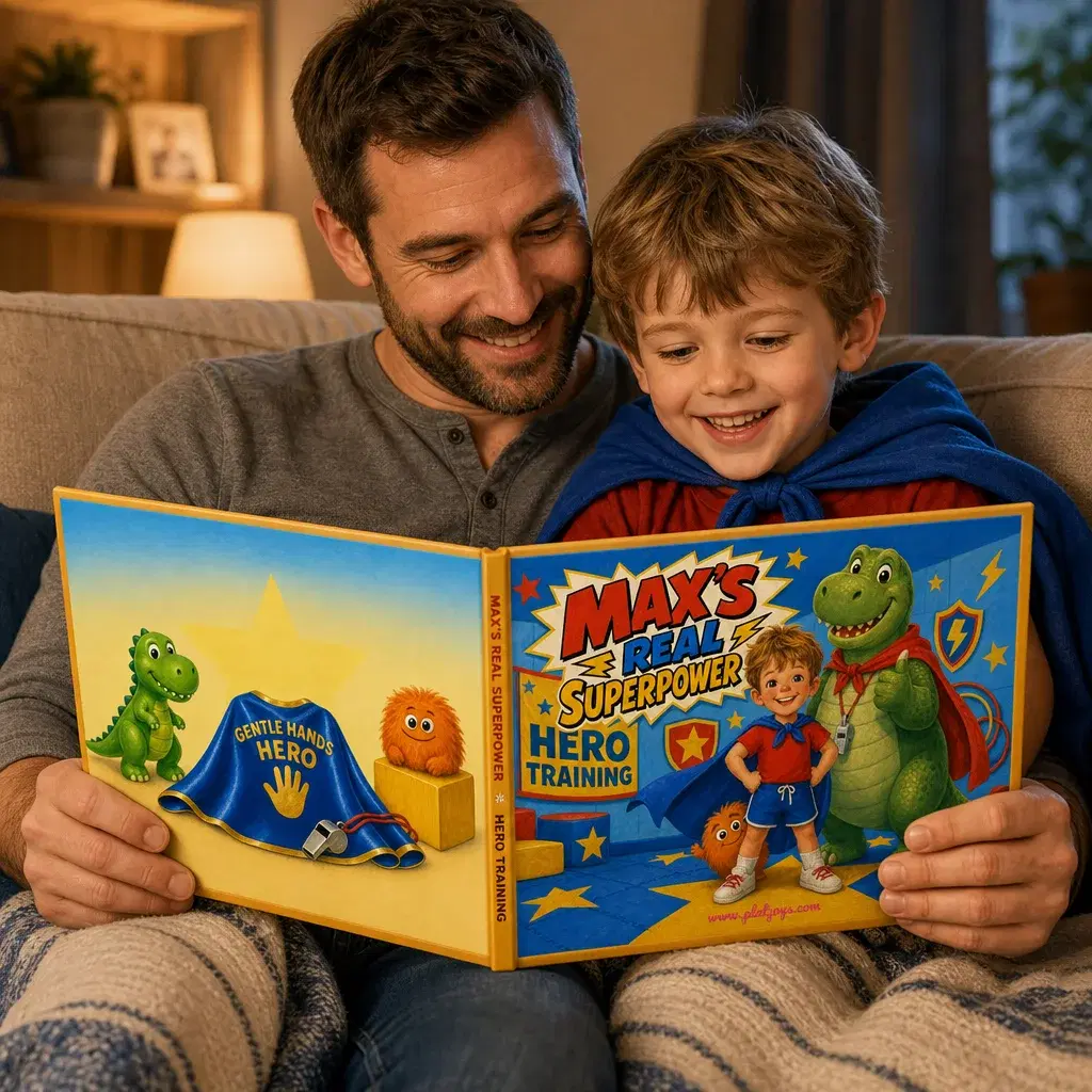 A dad and his son reading their personalized storybook together on the couch — the boy in the same blue cape as the hero on the cover