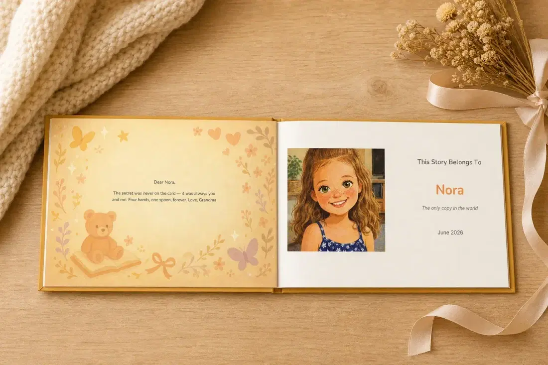 The dedication page of a personalized PlotJoys book, printed with the child’s name and a message from their family