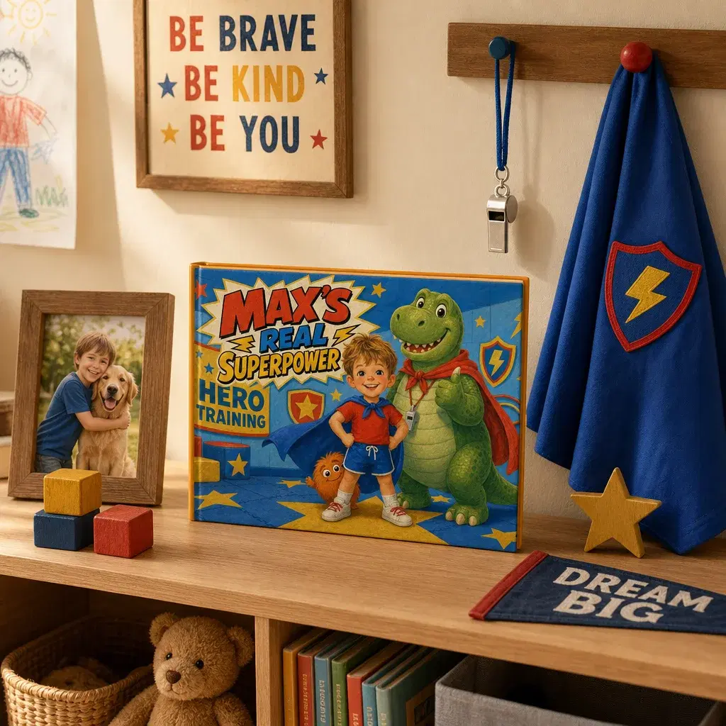 A personalized PlotJoys hardcover standing on a child's shelf beside a superhero cape and framed art — a keepsake gift that stays out instead of getting buried in the toy bin