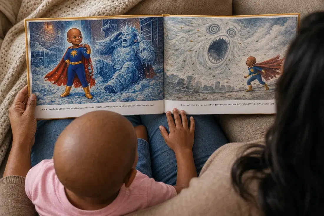 An over-the-shoulder view of a small child turning the pages of their personalized storybook