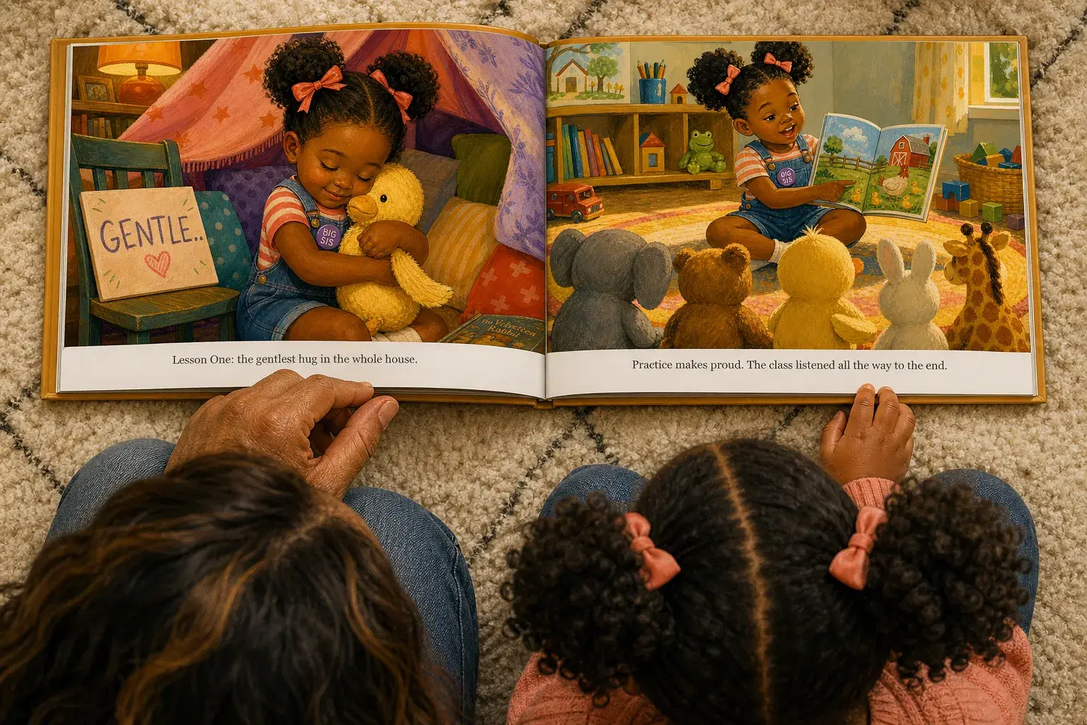 Siblings huddled together over their personalized storybook