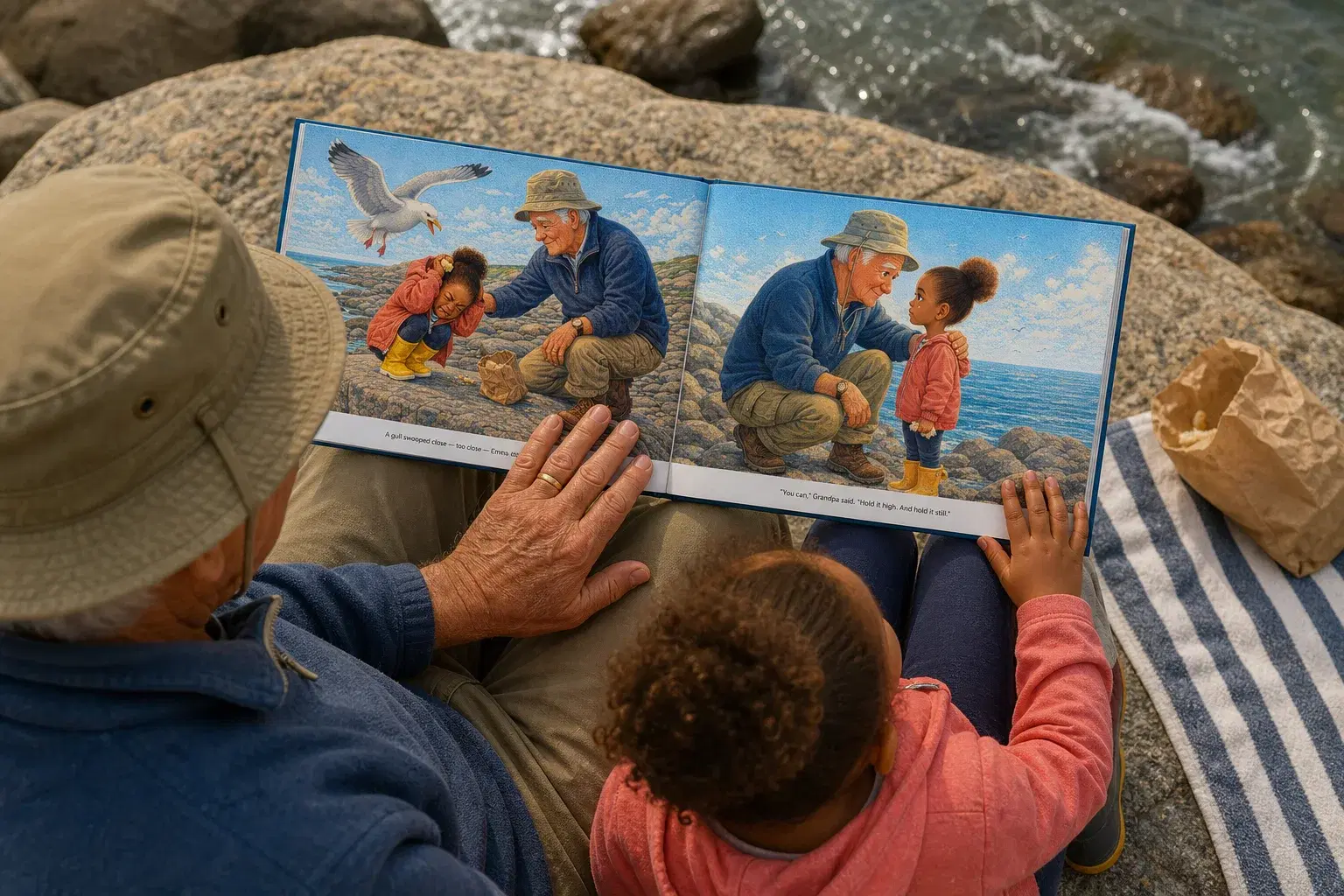 A grandfather and grandchild reading their own PlotJoys book together on a beach