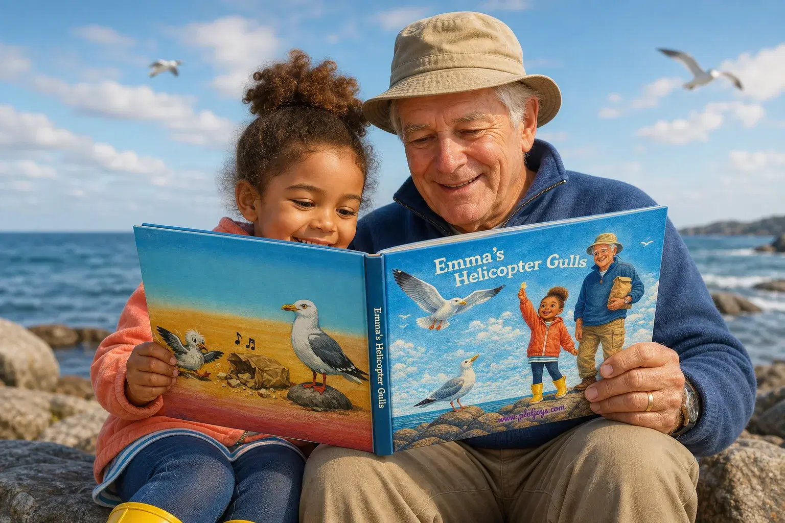 Personalized storybook read on the shore — Emma and her grandpa with their finished hardcover on the rocks