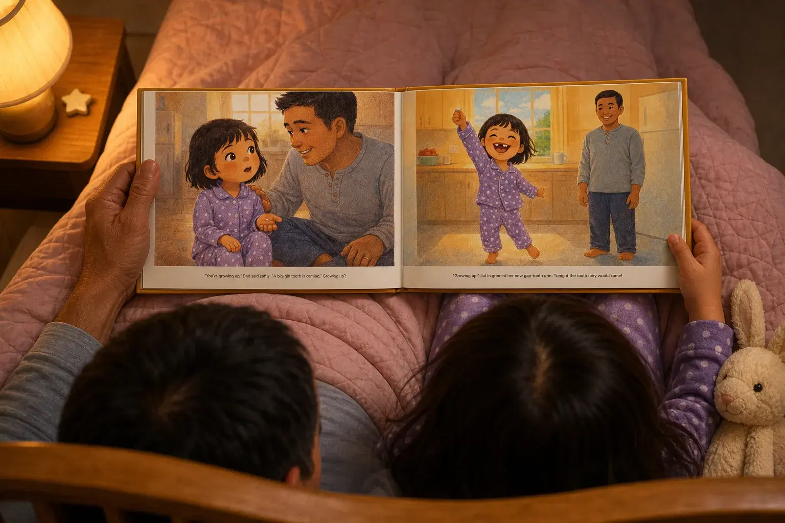 A finished PlotJoys book open on a bed at bedtime, a bunny tucked in beside it