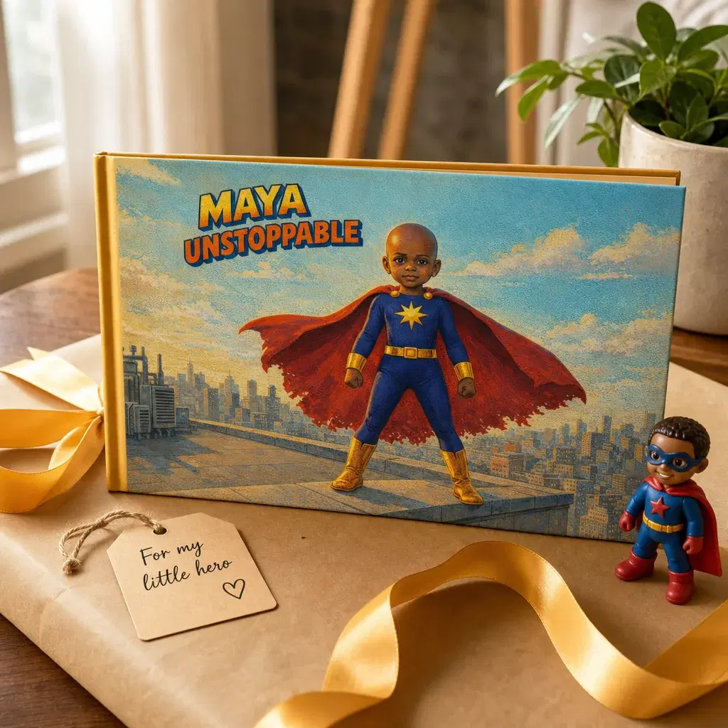 The personalized hardcover on wrapping paper with a handwritten gift tag reading "For my little hero"