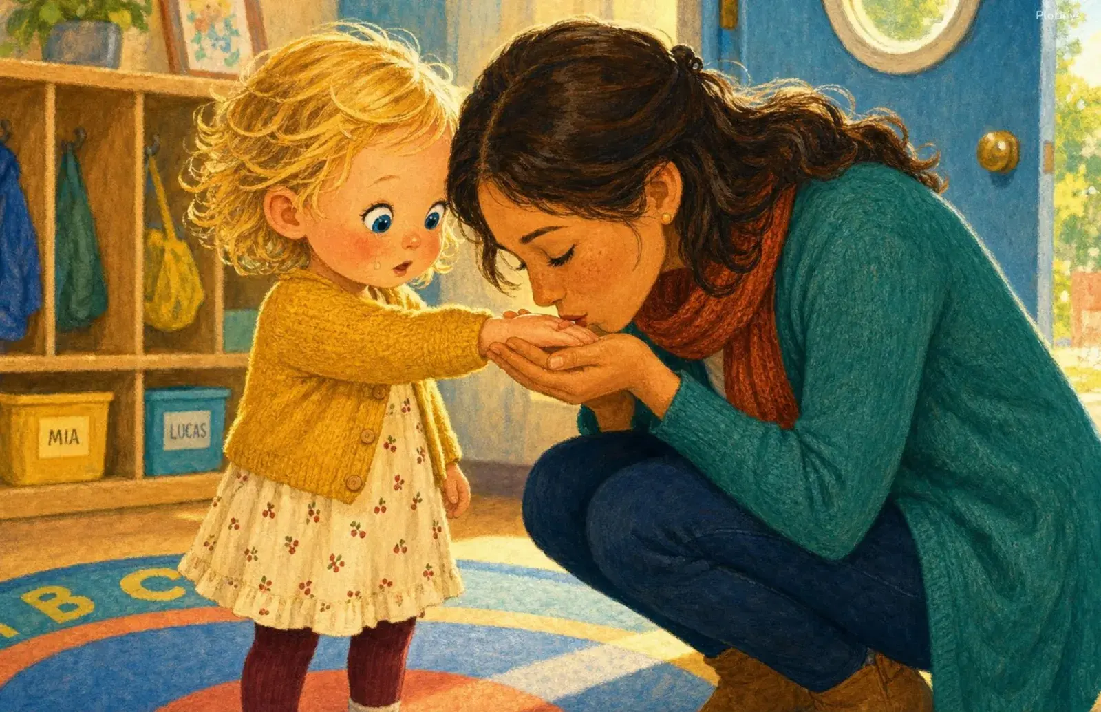 Custom separation-anxiety storybook page — Mom kissing the palm of Mia’s hand by the daycare door