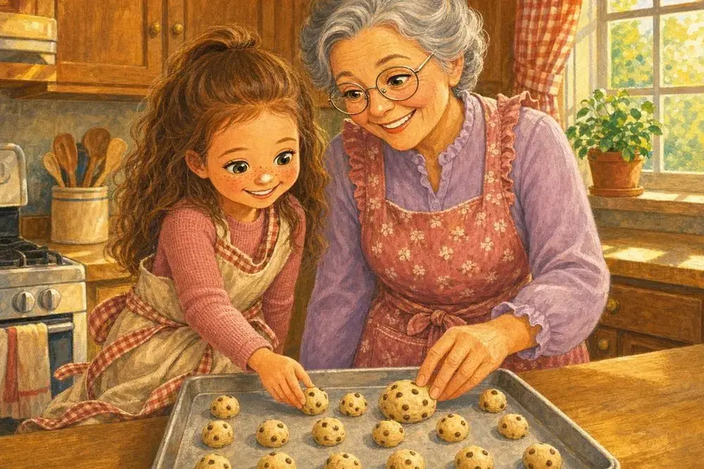 Keepsake baking book page — Nora and Grandma pressing rows of cookie dough onto a tray, side by side