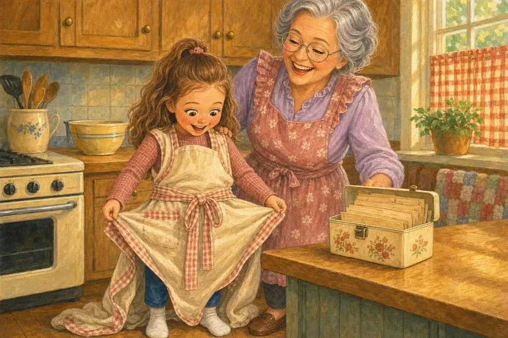 Custom grandparent storybook page — Nora holding out the skirt of Grandma’s too-big apron while Grandma laughs