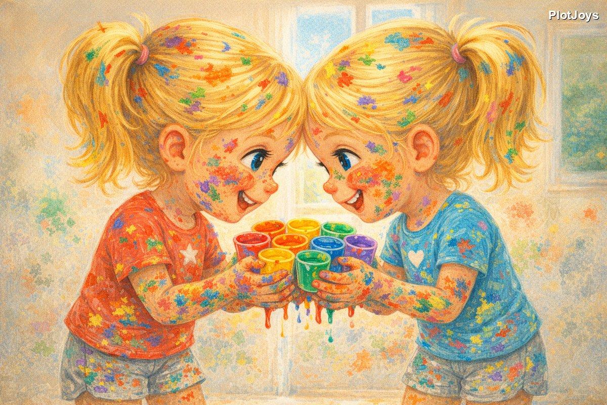 Custom sharing storybook page — the twins forehead to forehead, paint on their faces, holding every paint cup together