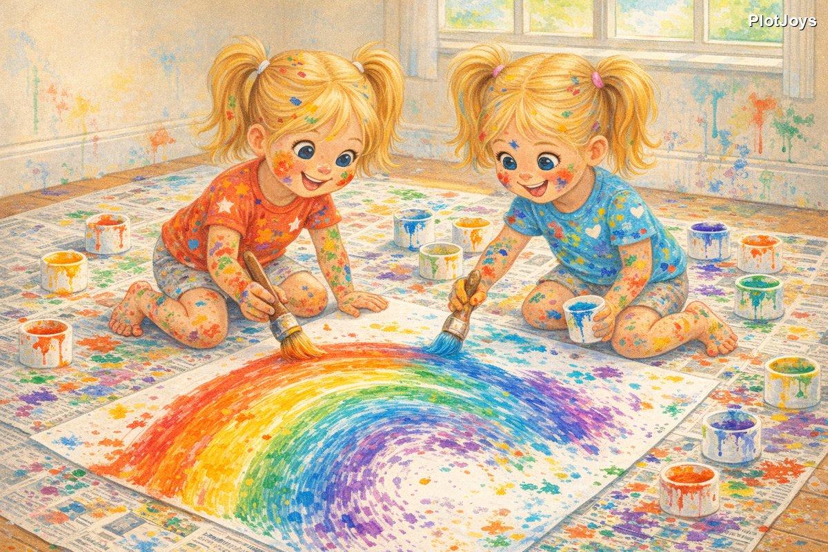 Keepsake sibling book page — Ava and Zoe painting a rainbow side by side, paint pots all around them