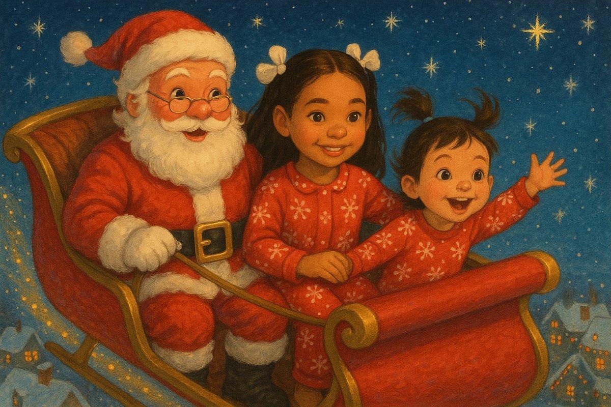 Personalized Christmas storybook — two sisters in snowflake pajamas riding in Santa’s sleigh over the snowy rooftops