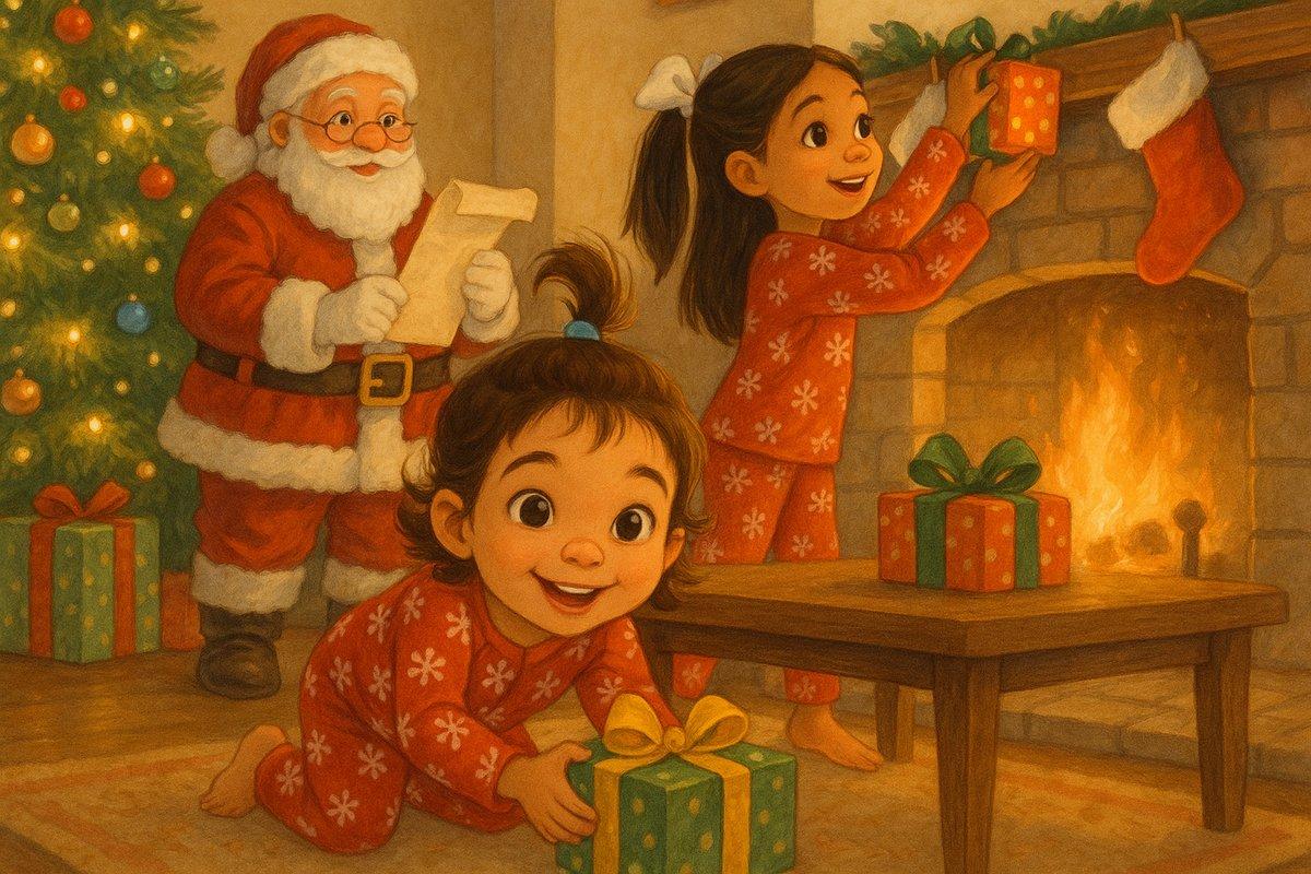 Custom sibling Christmas book page — one sister reaching up to the mantel with a gift while the other kneels by a present and Santa reads his list