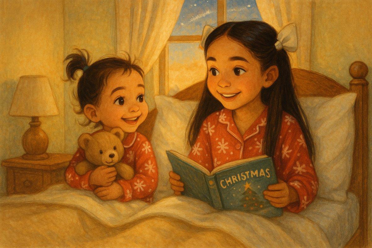 Keepsake Christmas Eve book page — the sisters tucked into bed with a teddy bear and a Christmas book, whispering