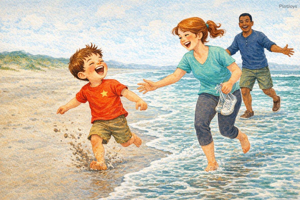 Personalized family day-out book — Ethan laughing as he outruns a wave at Ocean Beach, his family splashing behind him