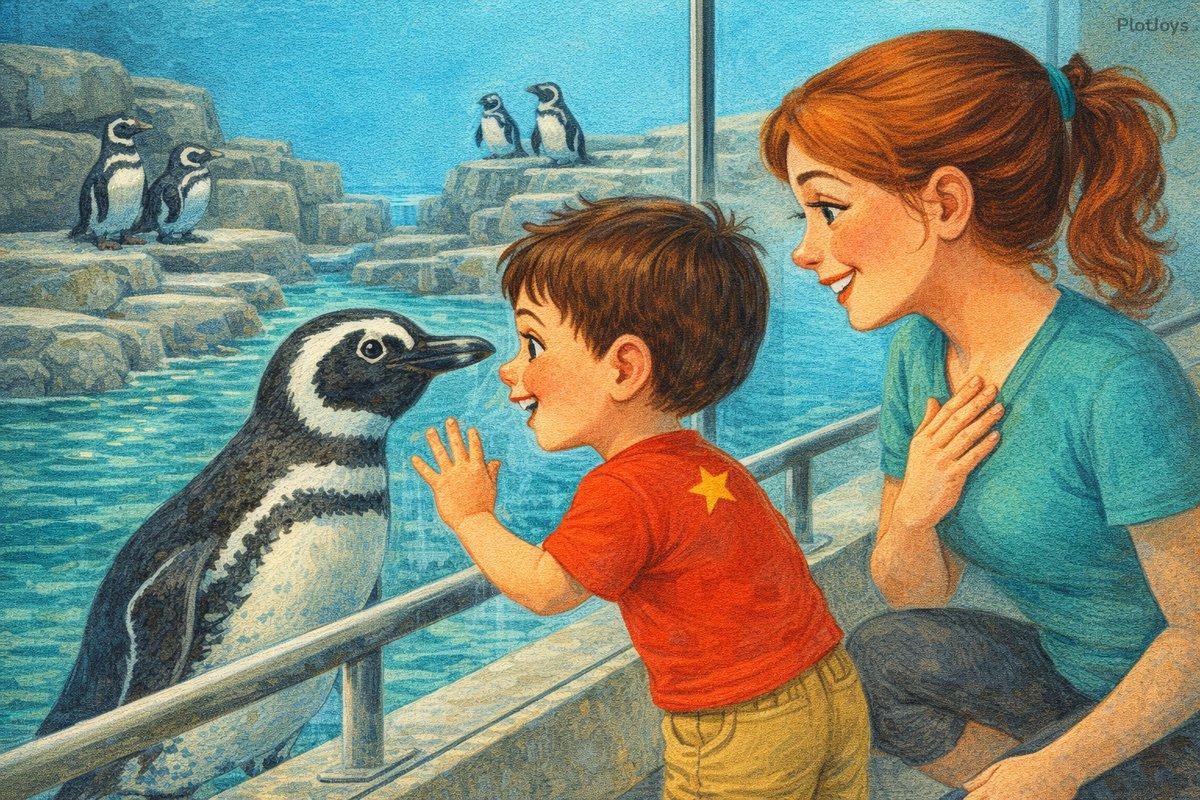 Custom storybook page — Ethan with his hand on the glass, nose to nose with a penguin at the zoo