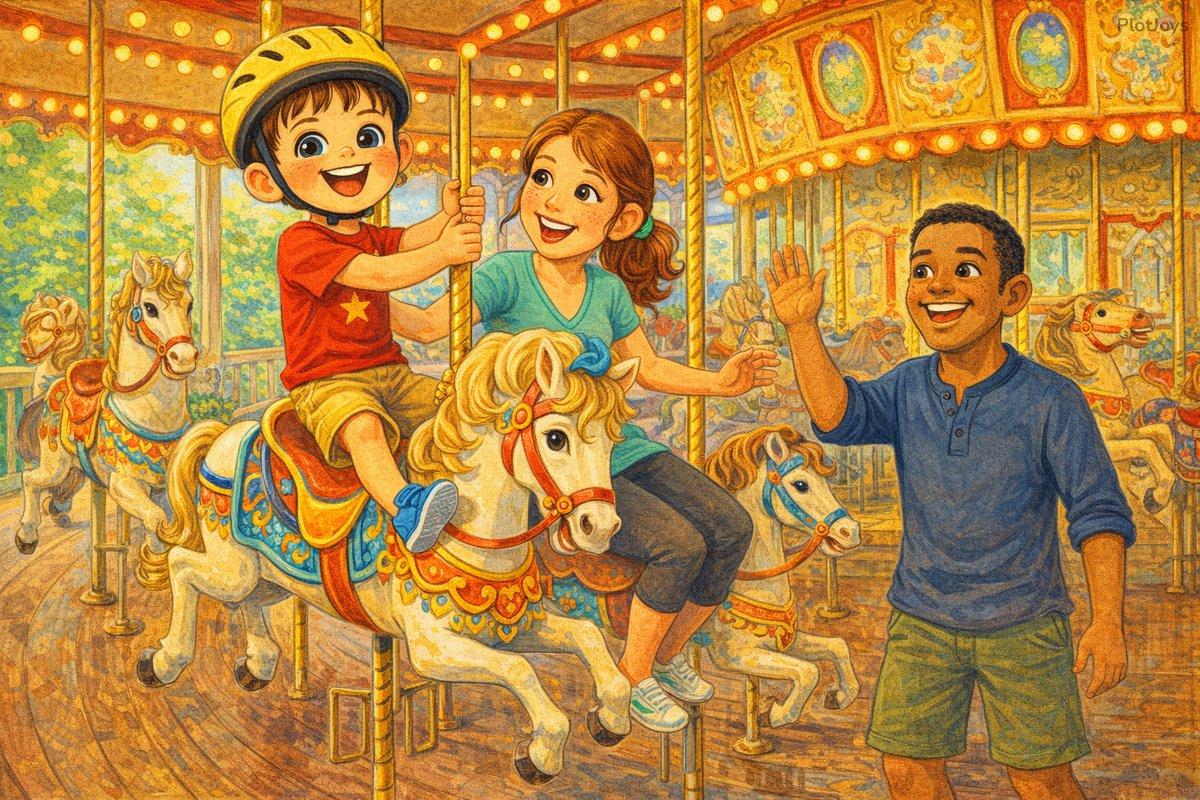 Keepsake book of an ordinary Saturday — Ethan in a yellow helmet riding a carousel horse while a grown-up waves