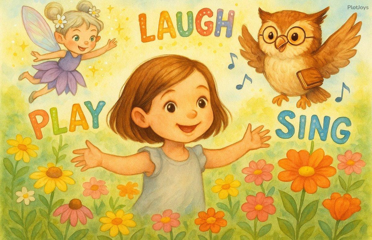 Custom confidence storybook page — Eva with her arms wide in a field of flowers as the words PLAY, LAUGH and SING bloom around her