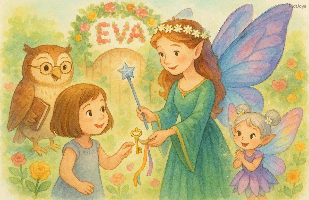Keepsake learning book page — Queen Flora handing Eva a golden key at a garden gate arched with flowers that spell EVA