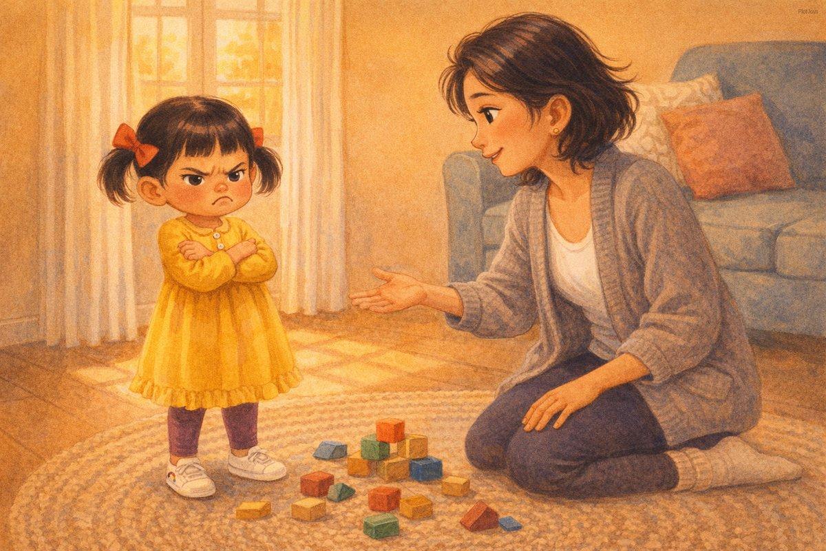 Personalized Mother’s Day storybook — JiaLin in a yellow dress, arms crossed and eyebrows scrunched, while her mom kneels and reaches out