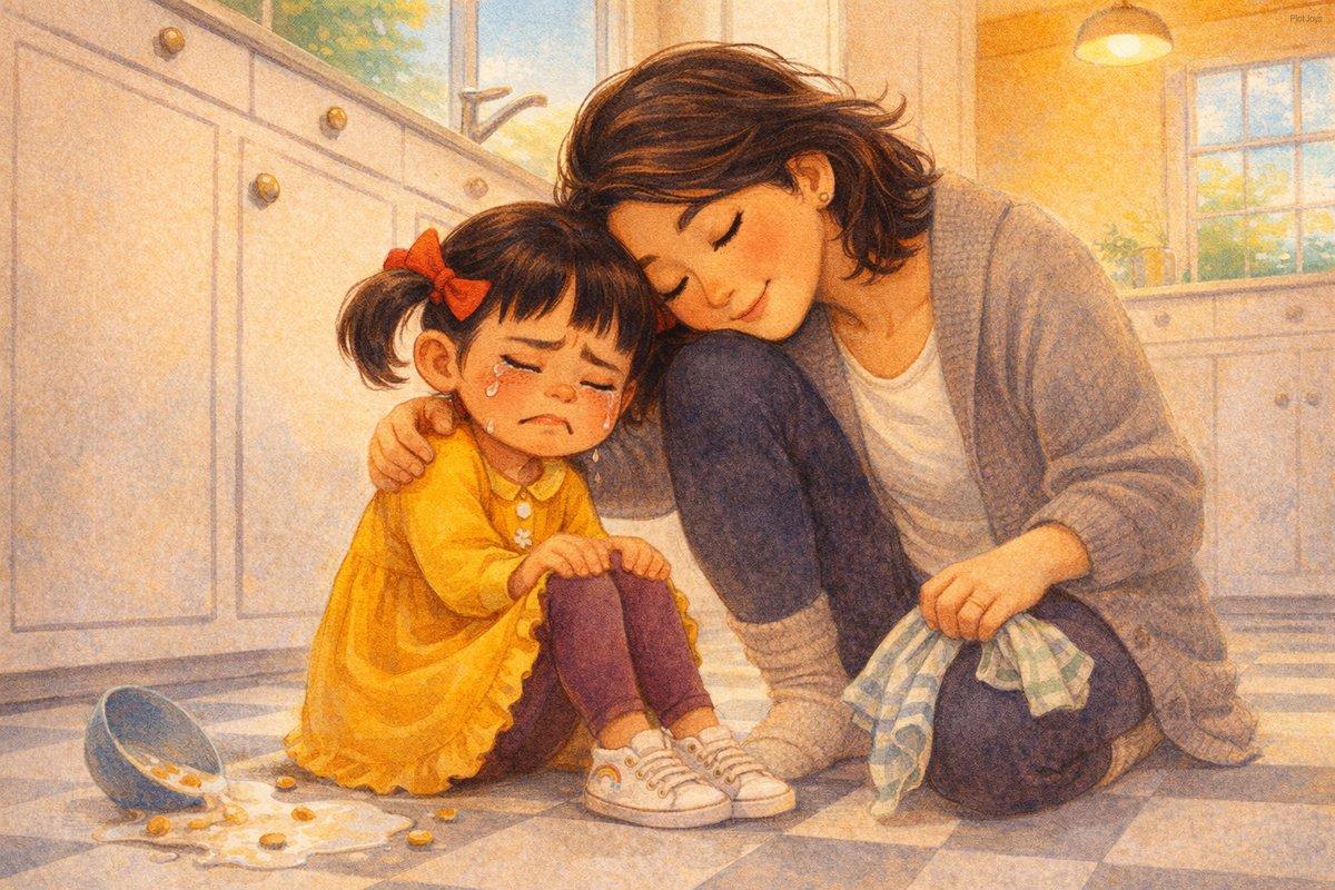 Custom mother and daughter book page — JiaLin crying on the kitchen floor beside a spilled bowl of cereal as her mom holds her close