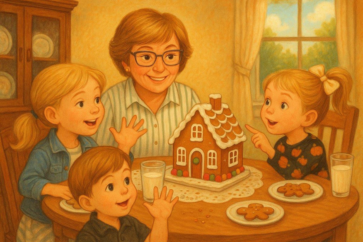 Keepsake holiday book page — Grandma and the grandkids around the finished gingerbread house with cookies and milk