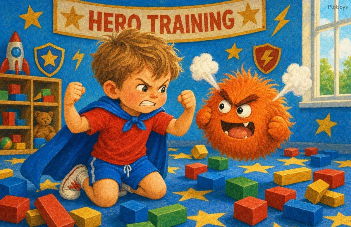 Personalized gentle hands storybook — Max kneeling among fallen blocks with his fists up, face to face with the furry orange Mad Monster