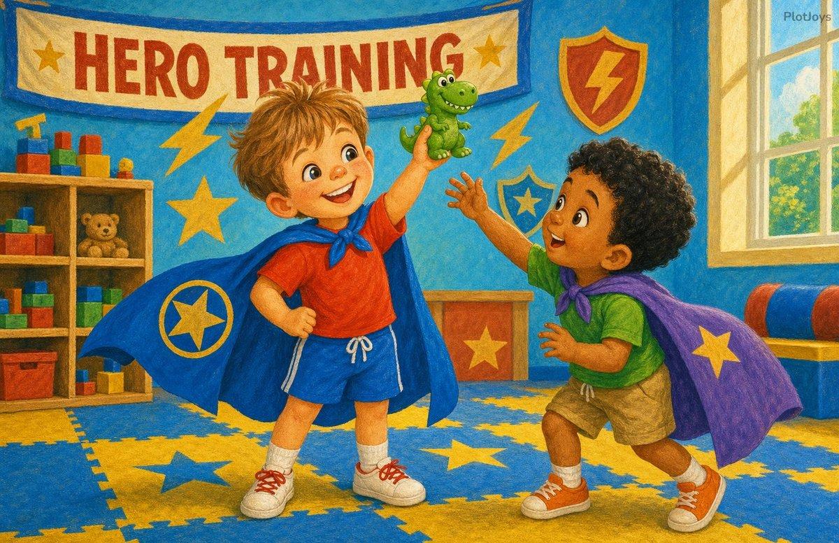 Keepsake superhero book page — Max holding up his green toy dinosaur as his friend Pip reaches for it