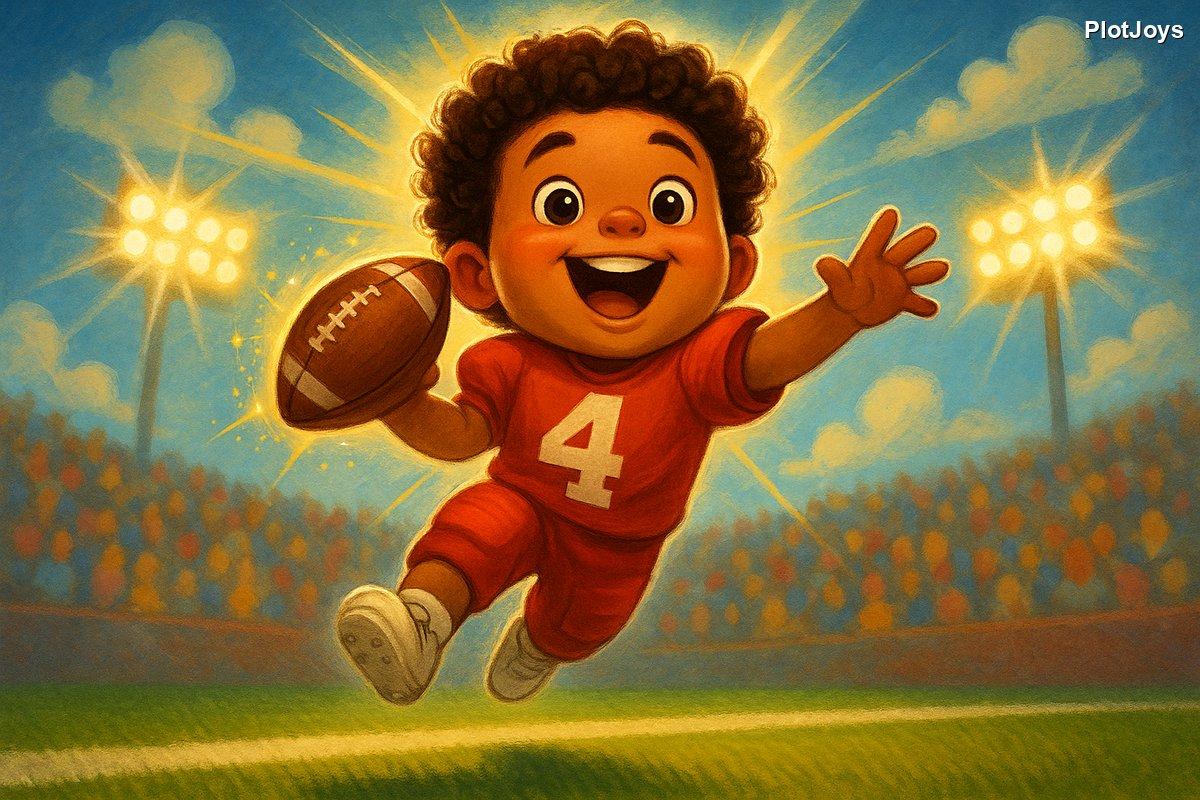 Keepsake birthday book page — Max leaping high with the football under the stadium lights
