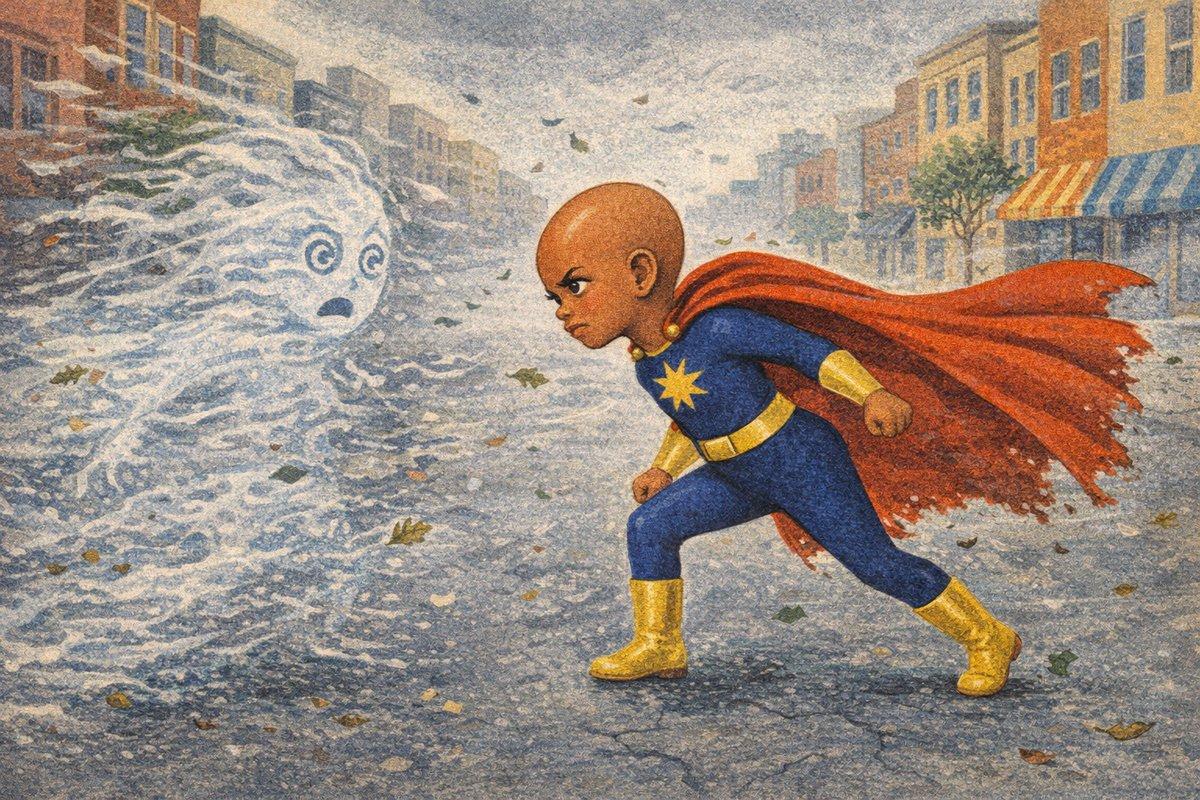 Custom confidence storybook page — Maya leaning into Gust, a swirling wind villain, her red cape streaming behind her