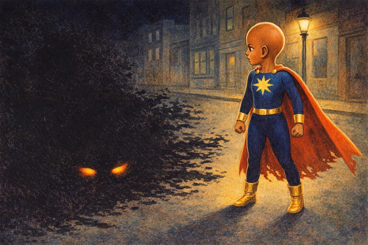 Keepsake big-feelings book page — Maya under a streetlamp, facing Shade, a dark shadow with glowing orange eyes