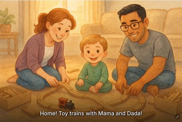 Aeven playing trains with Mama and Dada — a real PlotJoys story