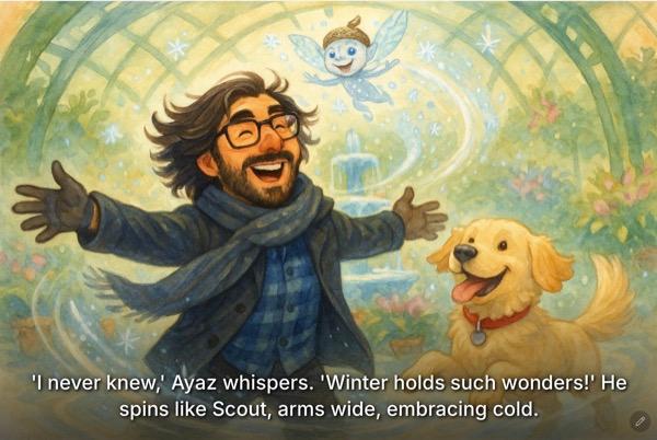 Ayaz and his dog Scout in a winter wonderland — a real PlotJoys story