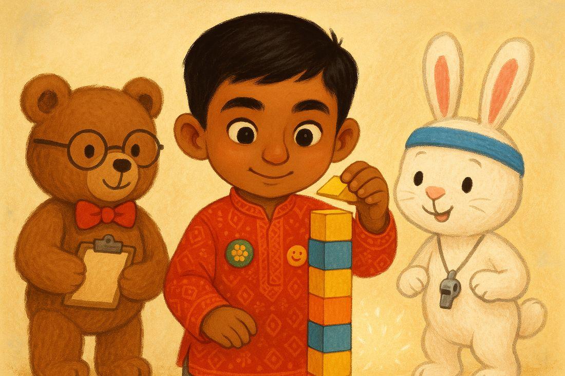 Aarav slowly stacks soft blocks into a tall tower, breathing calmly — practicing the patience a new baby needs