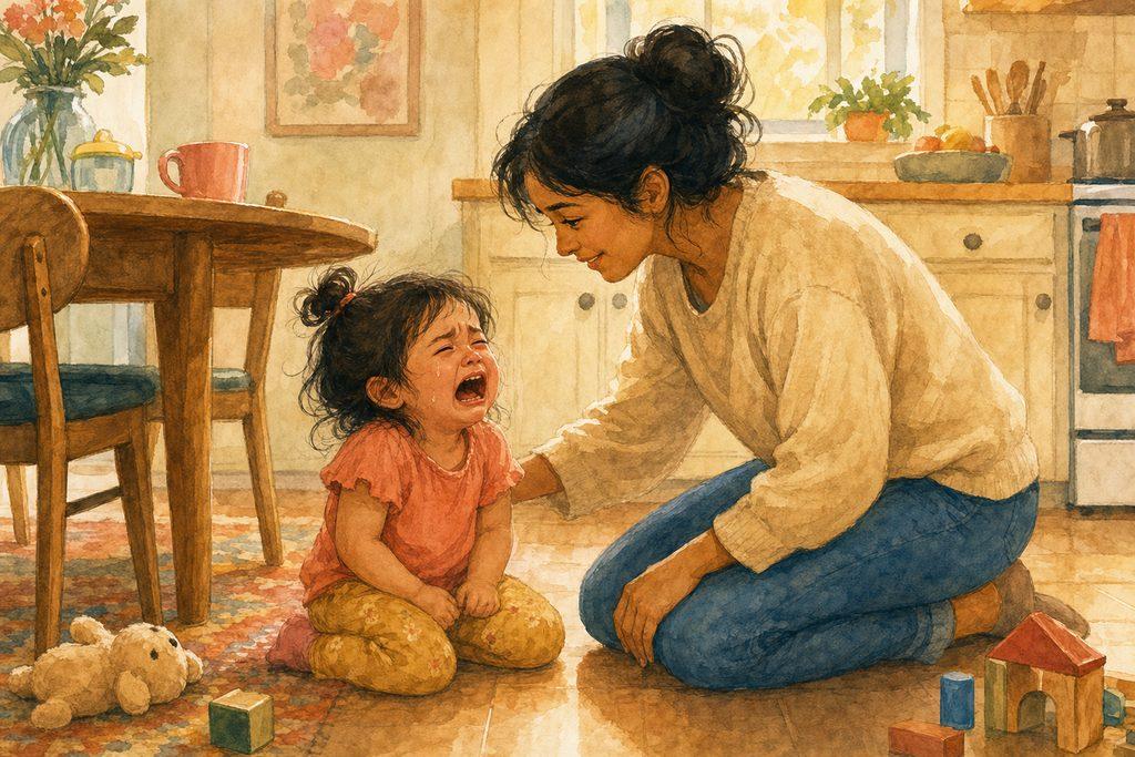 A 3-year-old sobbing on the kitchen floor over the wrong cup while a gentle parent kneels close