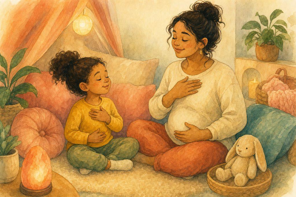 A 5-year-old and a parent taking a calming belly-breath together in a cozy feelings corner