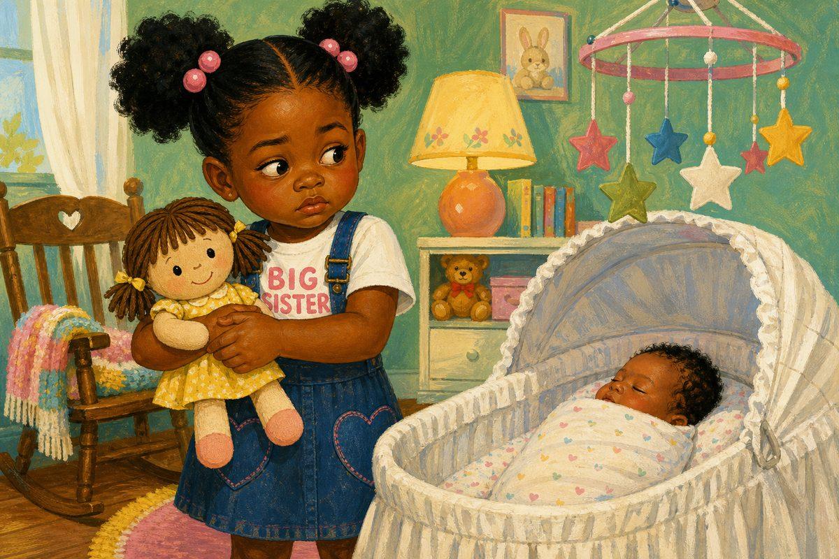 Aaliyah, a four-year-old Black girl in a new Big Sister shirt, hugs her rag doll and peeks warily at her swaddled newborn sibling in the bassinet — a sample page from a personalized big-sister book.