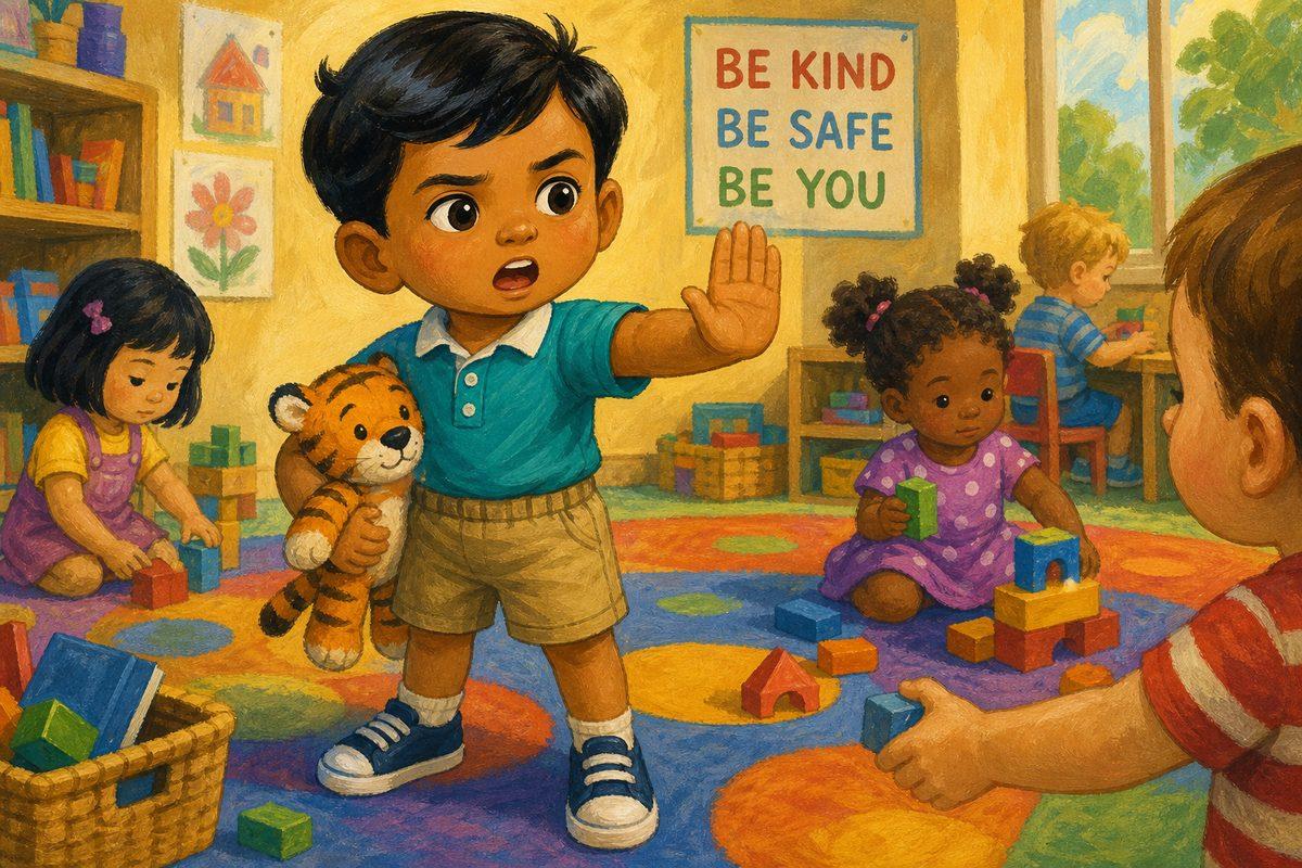 Arjun stands tall with his hand raised in a big “STOP,” using his big voice to stand up for himself — strong and safe, not scared