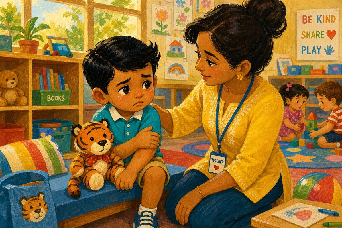 A teary toddler holds his arm after being bitten at daycare while his teacher kneels to comfort him