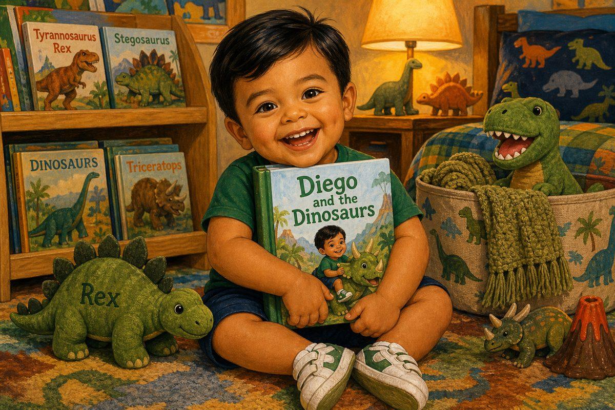 Diego, a 3-year-old Latino boy, gasps with delight as he opens his personalized children's book and sees himself as the illustrated hero on the page.