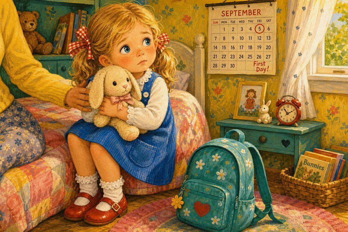Ella, a nervous preschooler in a cornflower-blue pinafore, hugs her stuffed bunny on the morning of her first day of school while a parent's hand rests steady on her back.