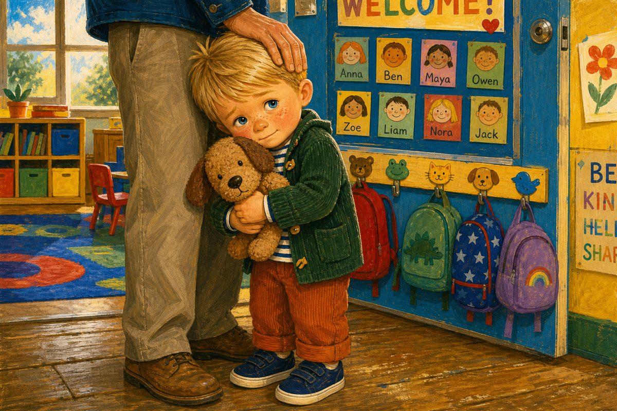 Jack, a four-year-old boy, hugs his stuffed puppy at the preschool door with a wobbly tummy at drop-off while a parent's steady hand rests on his head, in a sample personalized separation-anxiety picture book