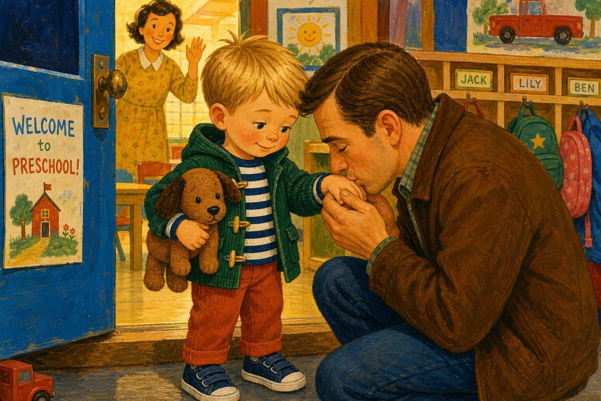 Jack's parent kneels and presses a goodbye kiss into his open palm at preschool drop-off, a kiss-in-the-palm ritual from a sample personalized separation-anxiety book
