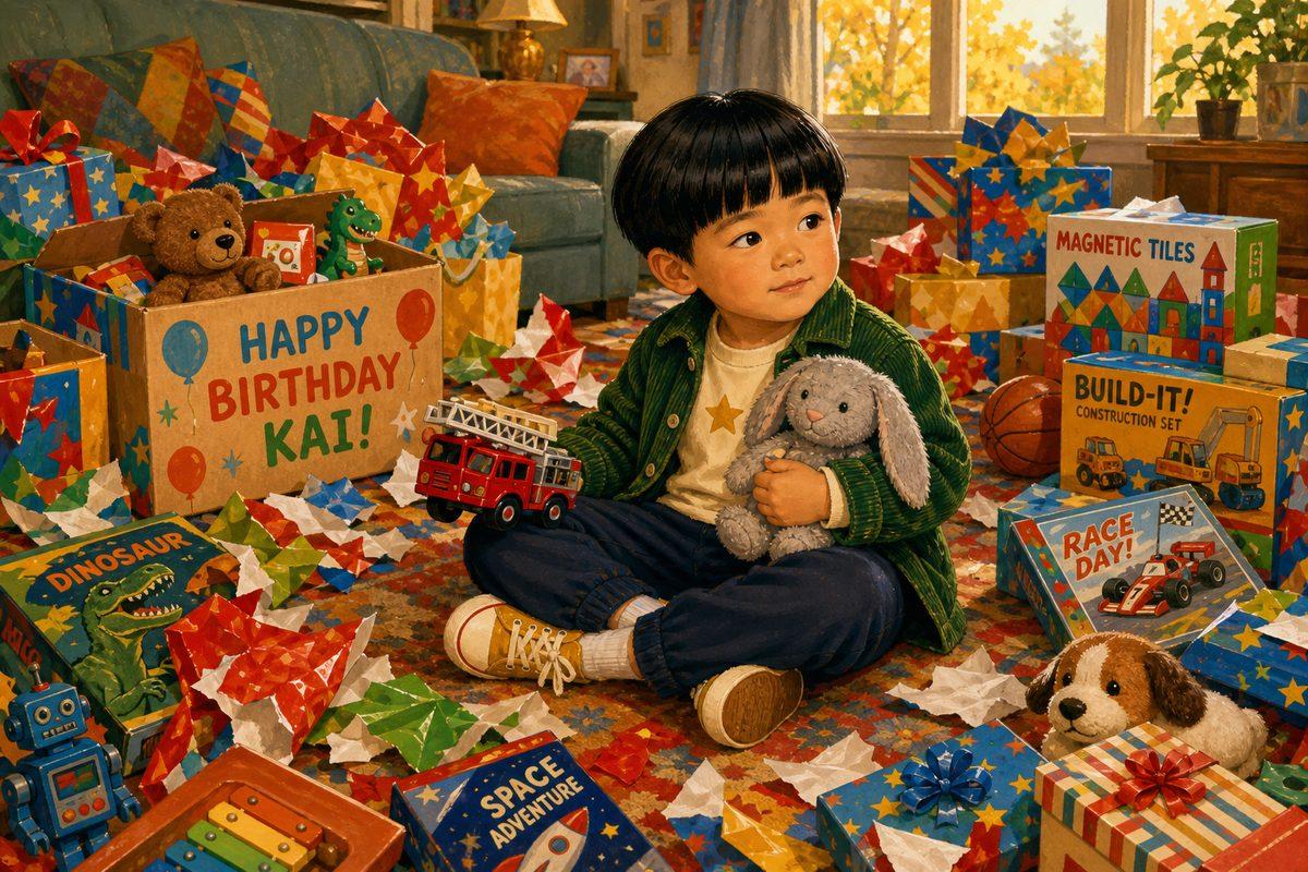 Kai, a 4-year-old East Asian boy, sits amid a pile of brand-new birthday toys hugging his stuffed bunny and looking for something the pile can't give — the kid who has everything.