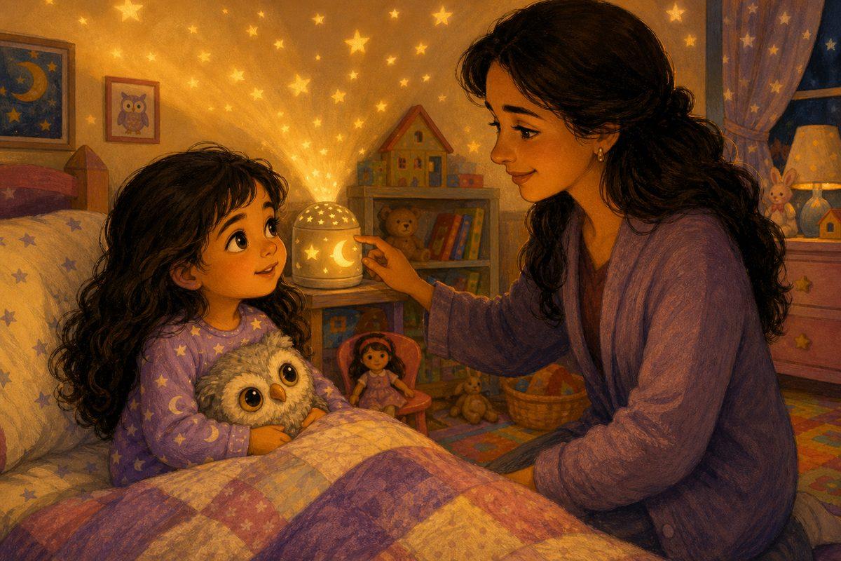 Layla’s mom clicks on a soft star-projector nightlight, and Layla peeks out in wonder as her familiar room glows warm and safe — the dark is just her room, resting