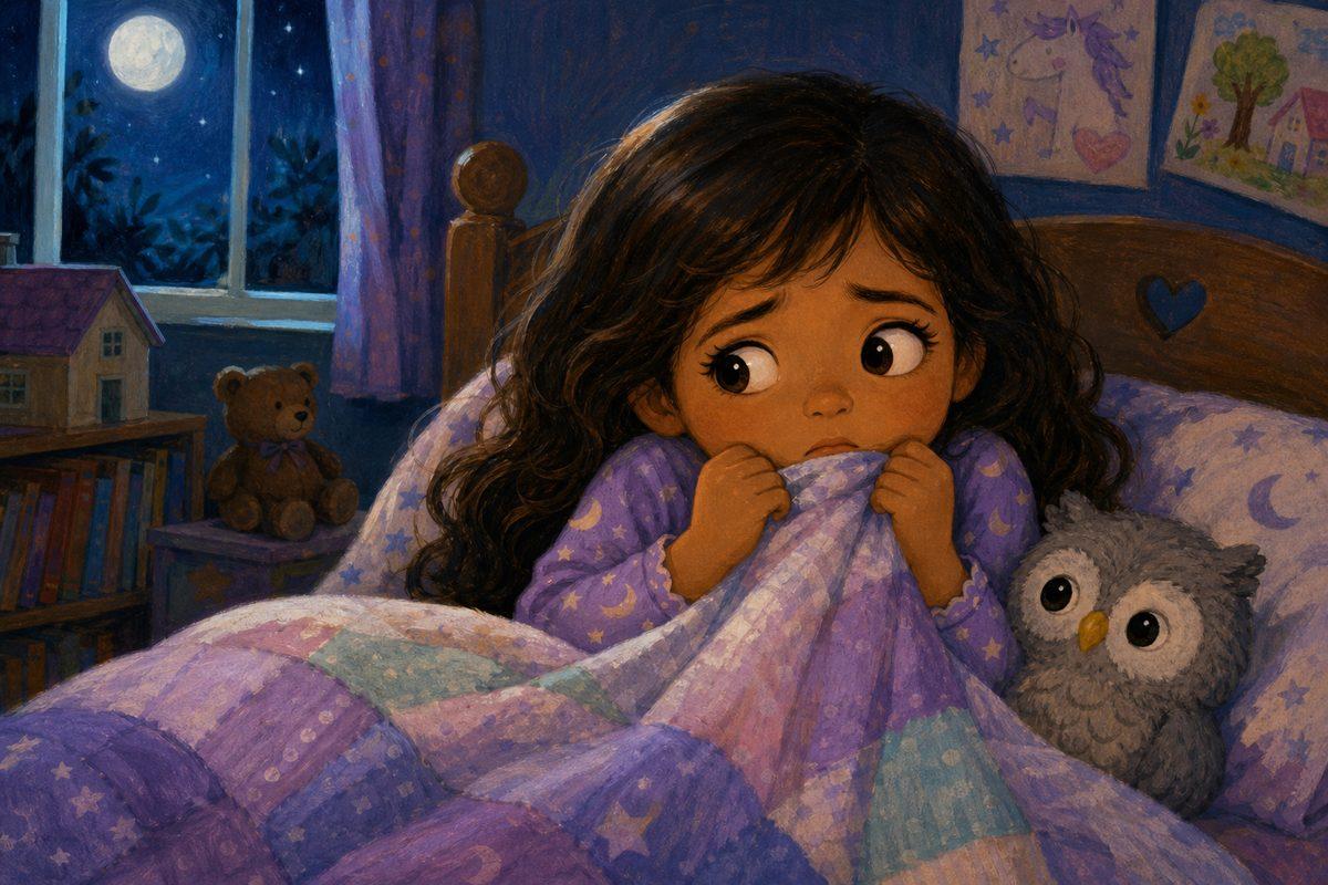 A 4-year-old clutches her quilt with worried eyes as her bedroom feels scary at night — the sudden fear of the dark
