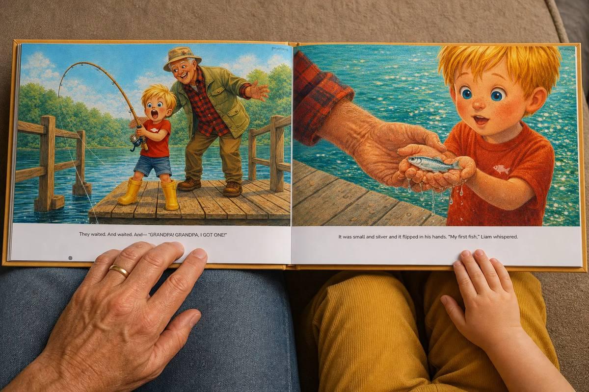 A grandfather's hand and a small child's hand rest on the open pages of Liam's Best Catch, a personalized storybook, at the spread where Liam lands his first fish.