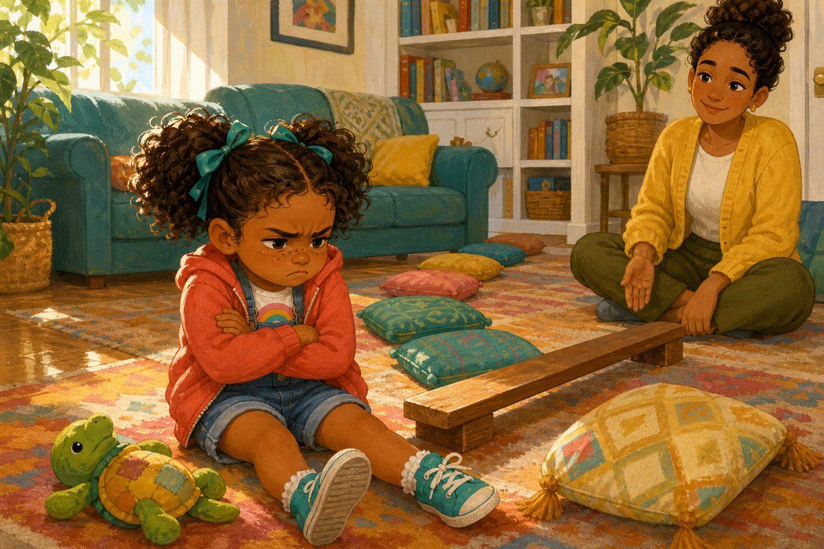 A 4-year-old sits on the floor with crossed arms after stumbling off a balance beam, about to give up, while her mother waits calmly nearby