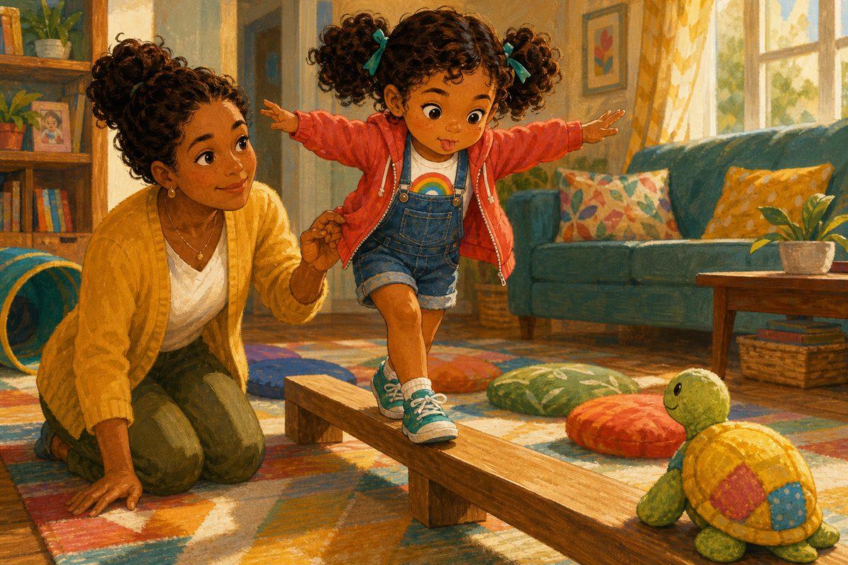 Lina tries the beam again with arms out wide and her tongue out in concentration, her mom steadying her with just two fingers — just enough help