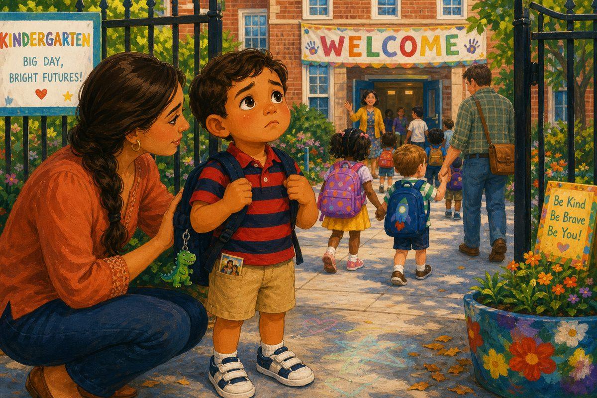 A 5-year-old grips his backpack straps at the kindergarten gate, eyes wobbly, while his mother crouches beside him — kindergarten separation anxiety at drop-off